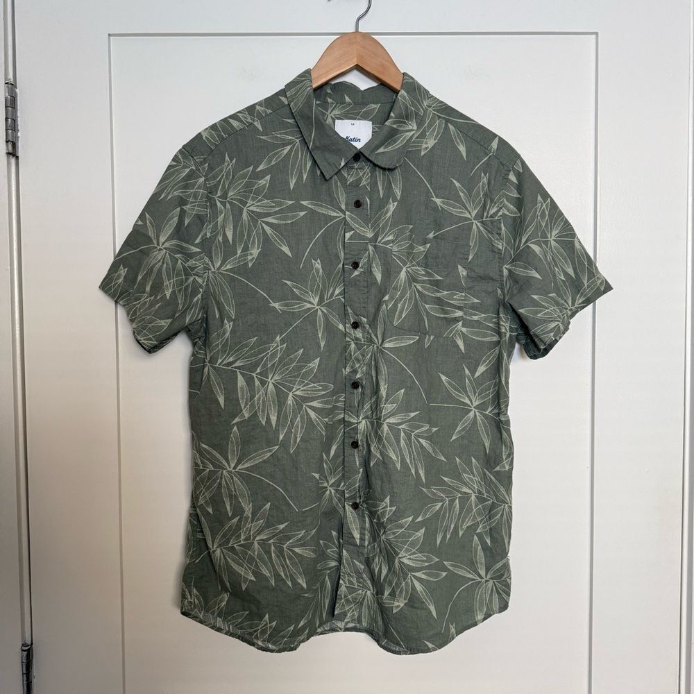 Katin Shirt Mens Sz L Green Leaf Print Cotton Linen Button Up Casual Beach Surf